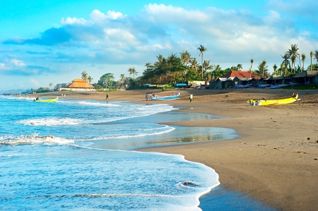 View of traditional Balinese fisherman village at sunriseの写真素材