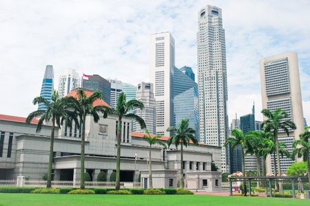 Singapore Parliament builading in front of Singapore downtownのeditorial素材