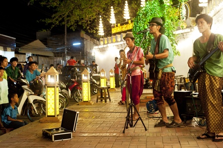 Lopburi, Thailand - Feb 23, 2013: Unidentified street musicians performing during the land of King Narai festival  in Lopburi, Thailandのeditorial素材