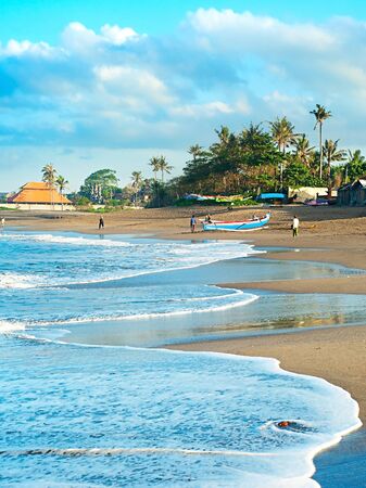 View of traditional Balinese fisherman village at sunriseの写真素材