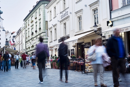 Bratislava, Slovakia - August 31, 2013: Tourists and locals walking, chilling in Bratislava downtown.  Recently there was a false bomb alarm in AuPArk shopping mall in Bratislava.のeditorial素材