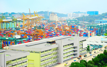 Panoramic top view on Singapore harborのeditorial素材