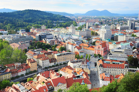 View from above on Ljubljana old town at sunset, Slovenia の写真素材