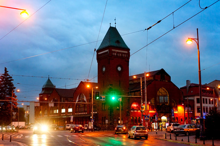 WROCLAW, POLAND - SEPT 09, 2012: Wroclaw downtown street at colorful dusk. Wroclaw is the capital of Silesia and largest city in western Polandのeditorial素材