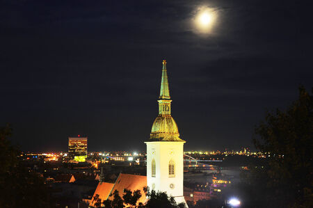 Bratislava skyline & St. Martin's Cathedral at night, Slovakia の写真素材