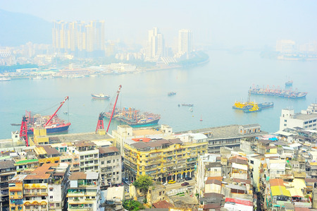 Aerial view of a slum and port of Macaoの写真素材