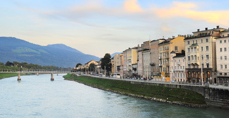 Panorama of Salzburg Old Town at beautiful dusk, Austriaの写真素材