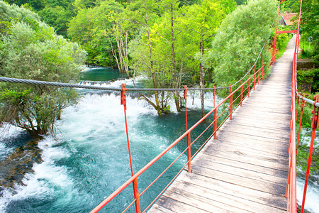 Suspension bridge over the river. Martin Brod, Bosnia and Herzegovinaの写真素材
