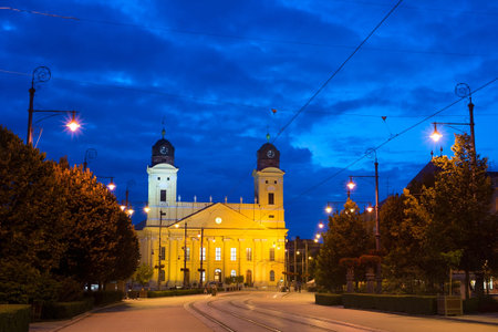 Reformed Great Church in Debrecen city at night, Hungaryの写真素材