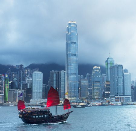 Traditional sailboat sailing in Victoria harbor . Hong Kongの写真素材