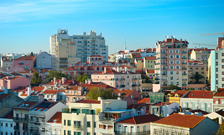 Modern architecture up hill in Lisbon, Portugalの写真素材