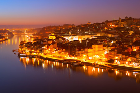 Romantic view of an Old Town of Porto at twilight, Portugalの写真素材