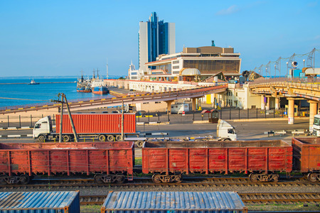 View of Odessa sea terminal. Railroad and trucks on foreground. Ukraineのeditorial素材
