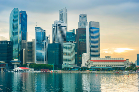 Singapore Downtown Core reflected in the river at sunsetのeditorial素材