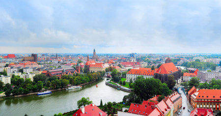 Aerial panoramic view on Wroclaw in the rainy day. Wroclaw is the historical capital of Silesia. Polandの写真素材