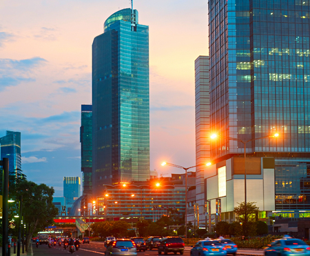 Traffic on the road of Jakarta Central at sunset. Indonesiaのeditorial素材