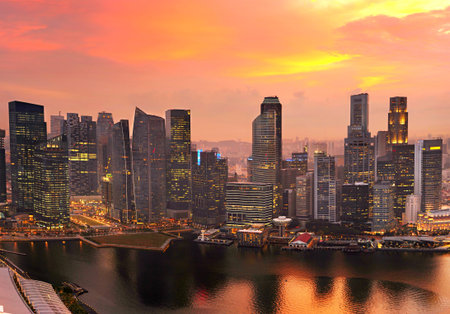 Skyline of Singapore Downtown Core colorful sunset sky