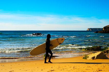Surfer walking on the beach in a bright sunny day