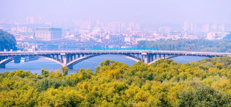 Subway train on Metro bridge in Kiev, Ukraineの写真素材
