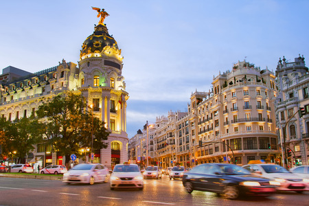 Traffic on Downtown of Madrid at twilight. Spainの写真素材