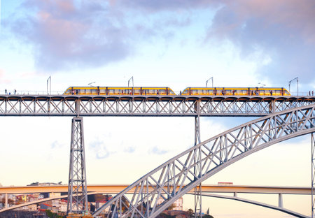 Porto tram on Dom Luis I bridge. Portugalの写真素材