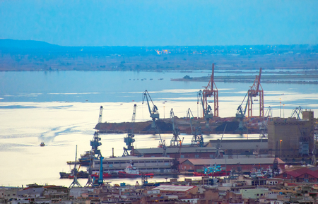 View of Thessaloniki cargo port at twilight. Greeceの写真素材
