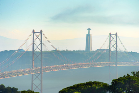 View of 25 April bridge and Christ the King
monument. Lisbon, Portugalの写真素材