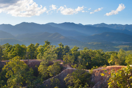 View of famous Pai canyon at sunset. Thailandの写真素材