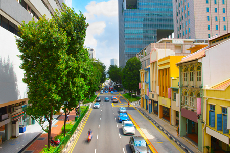 Cars on a road in Downtown of Singaporeの写真素材