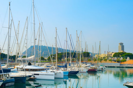 Yachts in famous Port Vell marina in Barcelona, Spainの写真素材