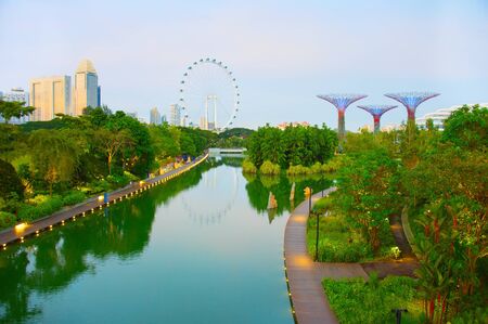 View of Singapore from a tropical park at Gardens by the Bay and Singapore Flyer on backgroundのeditorial素材