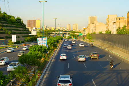 IRAN, TEHRAN - MAY 19, 2017: Busy traffic on a highway in Tehran. Tehran is the capital of Iran