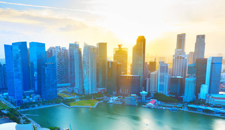 Aerial view of Singapore business Downtown at sunsetのeditorial素材