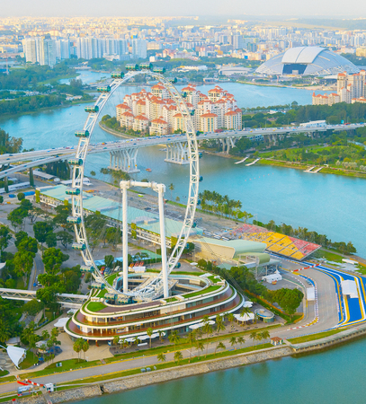 Aerial view of Singapore Flyer and riverの写真素材