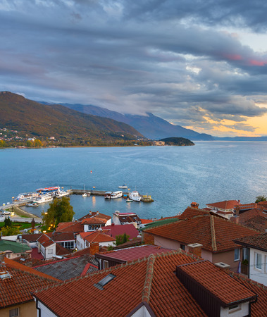 View of Ohrid at sunset. Tiled red roofs. Macedoniaの写真素材