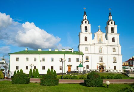 Holy Spirit Cathedral in oldtown of Minsk, sunny daytime, sky with clouds, Belarusの写真素材