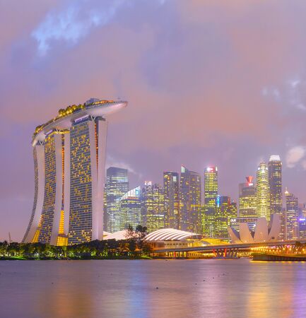 View of Singapore Marina Bay at beautiful twilight with reflection in a riverのeditorial素材