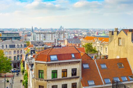 Aerial cityscape of Brussels old town in evening sunshine, rooftop view, Belgiumの写真素材