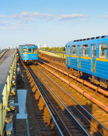 Kyiv metro underground trains on a railways at sunsetのeditorial素材