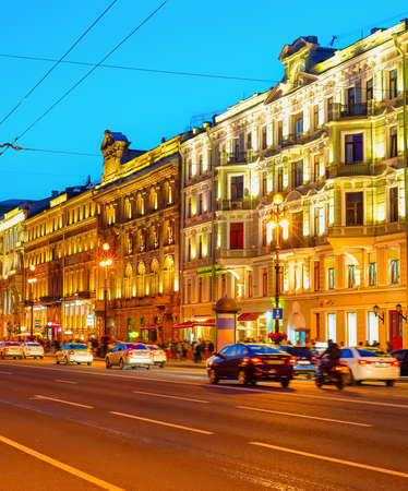 Night Saint Petersburg cityscape with traffic on illuminated Nevsky Prospect, Russiaのeditorial素材