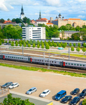 Aerail view from of Old Town of Tallinn,urban skyline with railroad and car parking, Estoniaのeditorial素材