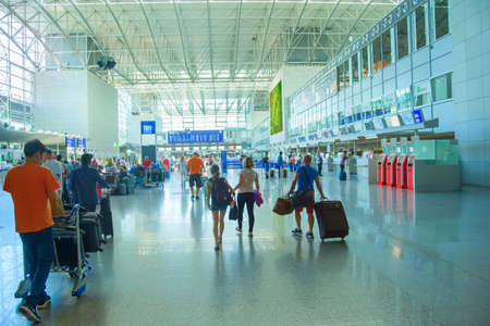 FRANKFURT, GERMANY - AUGUST 29, 2018: People at Frankfurt am Main airport hall. Frankfurt Airport is the busiest airport by passenger traffic in Germany as well as the 4th busiest in Europeのeditorial素材