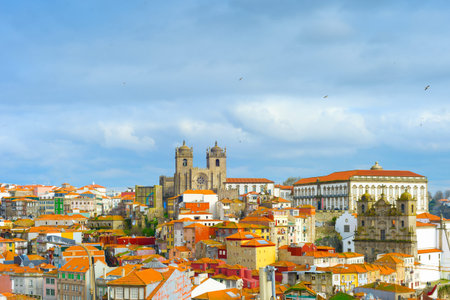View of Ribeira historical district with moody sky. Porto, Portugal