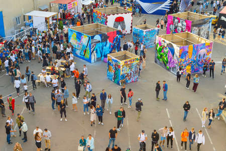 KIEV, UKRAINE - SEPT 14, 2019: Crowd of people at street contemporary art festival, aerial view.のeditorial素材