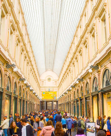 BRUSSELS, BELGIUM - OCTOBER 5, 2019: People  at St. Hubert Galleries. The Saint-Hubert Royal Galleries are shopping arcades in Brussels, Belgiumのeditorial素材