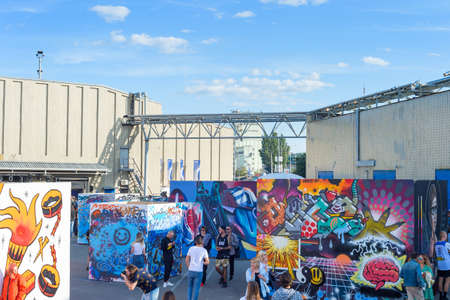 KIEV, UKRAINE - SEPT 14, 2019: Crowd of people at street contemporary art festival, aerial view.のeditorial素材