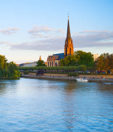 The DreikÃ¶nigskirche church, Main river . Frankfurt, Germanyの写真素材