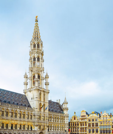 Skyward view of Grand Place at city central square, overcast skyline, Brussels, Belgiumの写真素材