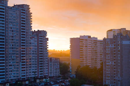 Skyline of Kyiv typical living district in the rain at sunset. Ukraineの写真素材