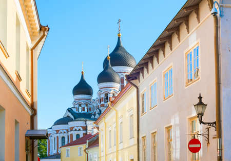 Old Town street leading to Alexander Nevsky Cathedral. Talinn, Estoniaの写真素材